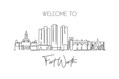 Fort Worth şehrinin Amerika Birleşik Devletleri siluetinin kesintisiz tek bir çizgisi. Ünlü peyzaj. Dünya seyahati konsepti duvar dekorasyonu poster baskı sanatı. Modern bir çizgi çizimi tasarım vektörü çizimi