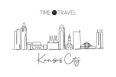Kansas City Skyline, ABD 'nin kesintisiz bir çizimi. Güzel dönüm noktası. Dünya peyzaj turizmi tatil afişi baskısı. Düzenlenebilir tek çizgi çizimi tasarım vektörü illüstrasyonuName