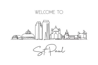 Saint Paul şehrinin ufuk çizgisini çizen tek sıra, Minnesota. Ünlü şehir kazıyıcı peyzaj. Dünya seyahati konsepti ev dekorasyonu poster resimleri. Modern bir çizgi çizimi tasarım vektörü çizimi