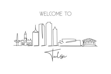 Oklahoma 'daki Tulsa şehrinin siluetini çizen tek sıra. Ünlü şehir kazıyıcısı ve manzarası. Dünya seyahati konsepti ev dekorasyonu poster baskısı. Modern bir çizgi çizimi tasarım vektörü çizimi