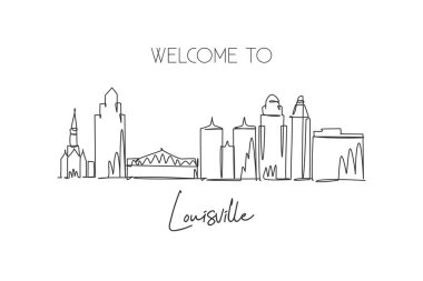 Single continuous line drawing Louisville city skyline, Kentucky. Famous city scraper and landscape. World travel concept home wall decor poster print. Modern one line draw design vector illustration clipart