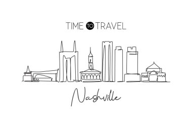 Sürekli bir çizgi Nashville şehrinin ufuk çizgisini çiziyor, Tennessee. Güzel dönüm noktası. Dünya peyzaj turizmi tatil posteri. Düzenlenebilir tek çizgi çizimi tasarım vektörü illüstrasyonuName