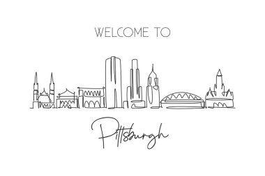 Pittsburgh City Skyline, Pennsylvania 'nın tek bir çizimi. Dünyanın tarihi şehir manzarası. En iyi tatil yeri. Düzenlenebilir vuruş eğilimi sürekli çizgi çizim vektör çizimi illüstrasyonuName
