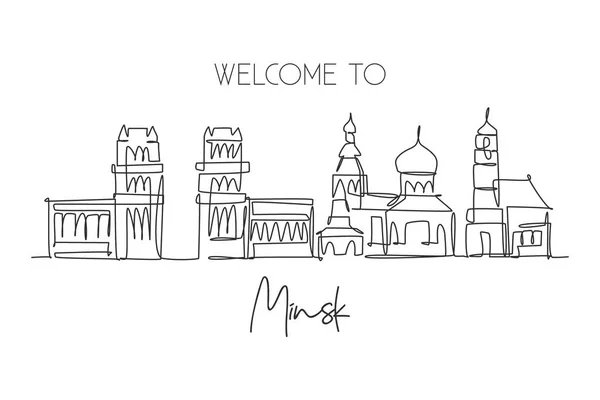 Dibujo Línea Continua Única Del Horizonte Ciudad Minsk Bielorrusia Famosa — Vector de stock