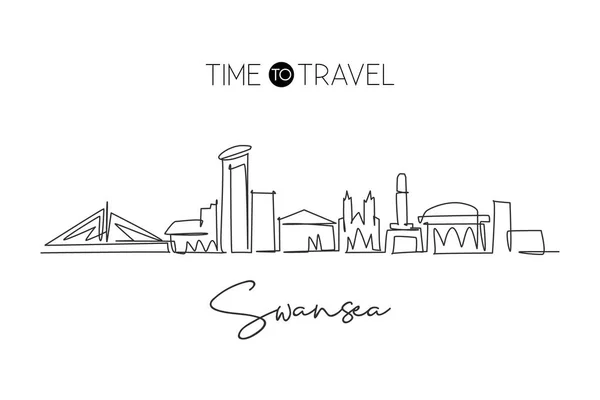 One Single Line Drawing Swansea City Skyline Reino Unido Paisaje — Vector de stock