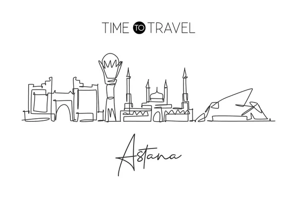 一张阿斯塔纳市天际线的连续线条图 哈萨克斯坦 漂亮的地标世界风景旅游度假海报 可编辑风格笔划单行绘图设计矢量插图 — 图库矢量图片