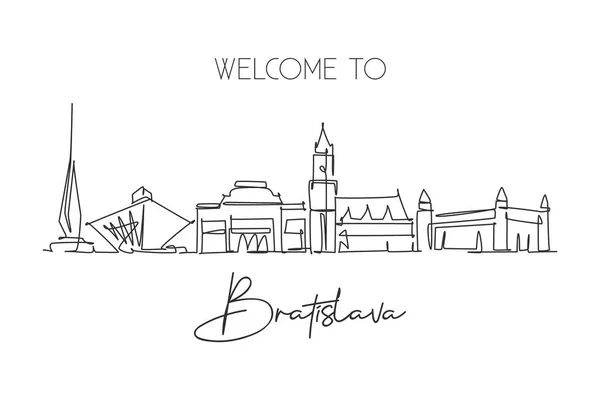 Singolo Disegno Linea Continua Della Città Bratislava Skyline Slovacchia Famoso — Vettoriale Stock