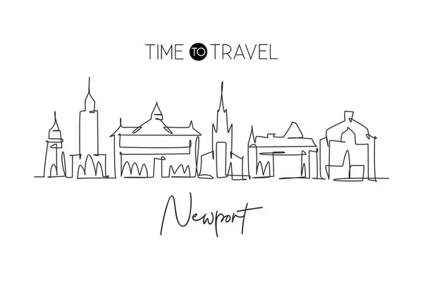 ウェールズのニューポート市のスカイラインの単連続線画 世界的に有名な都市スクレーパーや風景です 世界旅行のコンセプトアート 編集可能なストローク現代的な1行の描画ベクトルのイラスト — ストックベクタ