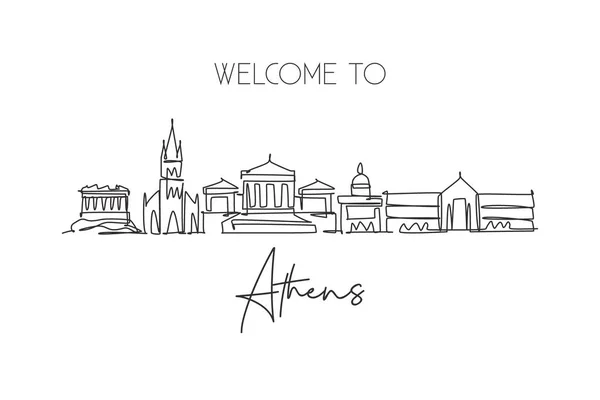 Jednoduchá Souvislá Kresba Panorama Města Atény Řecko Slavná Městská Škrabací — Stockový vektor