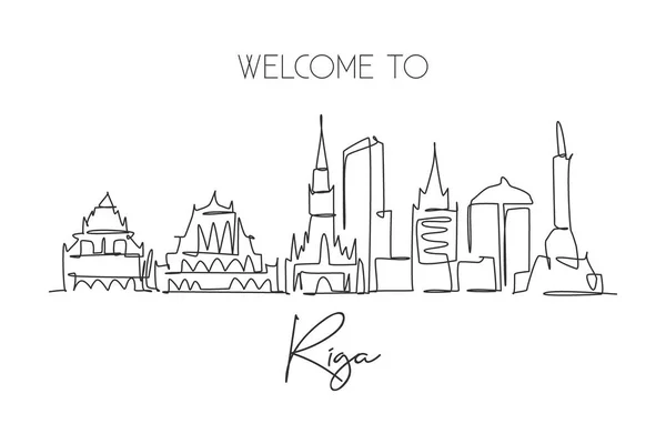 Dibujo Una Sola Línea Del Horizonte Ciudad Riga Letonia Paisaje — Vector de stock