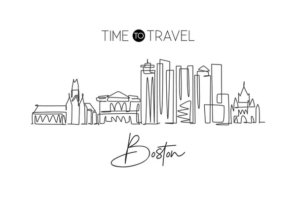 ボストン市内のスカイライン 米国の1つの連続線画 美しいランドマークだ 世界の風景観光旅行休暇のポスター印刷します 編集可能なスタイリッシュなストロークのシングルライン描画ベクトルイラスト — ストックベクタ