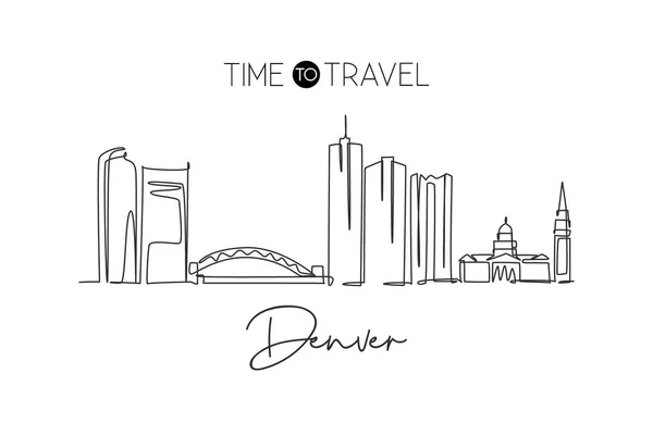 One Single Line Drawing Denver City Skyline United States Historical — Stock Vector