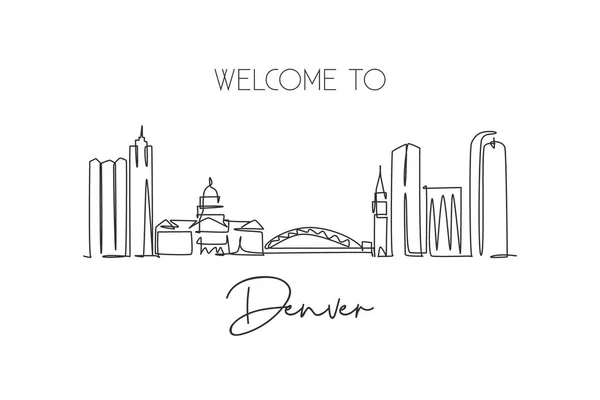 Single Continuous Line Tekening Van Denver City Skyline Usa Beroemde — Stockvector