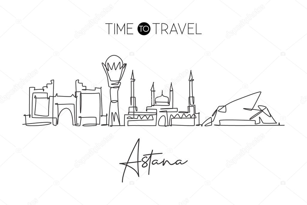 One continuous line drawing of Astana city skyline, Kazakhstan. Beautiful landmark. World landscape tourism travel vacation poster. Editable stylish stroke single line draw design vector illustration
