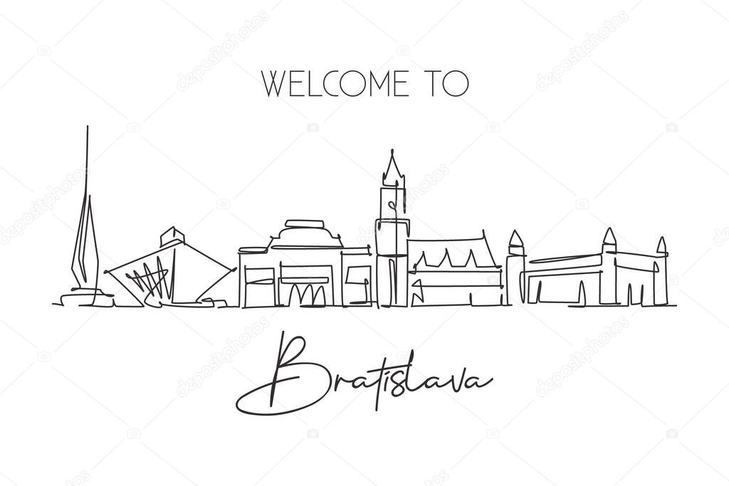 Single Continuous Line Drawing Of Bratislava City Skyline Slovakia Famous Beauty City Landscape World Travel Concept Home Wall Decor Poster Print Art Modern One Line Draw Design Vector Illustration Premium Vector