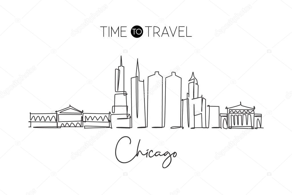 One single line drawing of Chicago city skyline, United States. Historical town landscape in the world. Best holiday destination. Editable stroke trendy continuous line draw design vector illustration