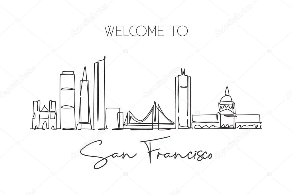 One continuous line drawing San Francisco city skyline, United States of America. Beautiful landmark. World tourism travel vacation poster. Editable stroke single line draw design vector illustration