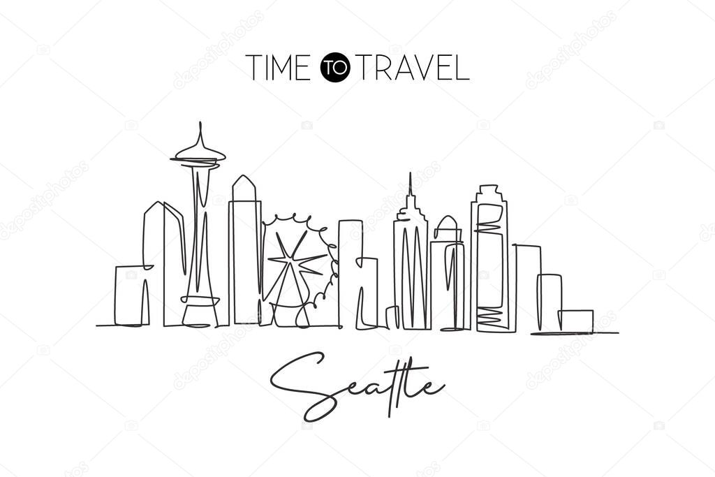 One continuous line drawing of Seattle city skyline, United States. Beautiful landmark. World landscape tourism and travel vacation. Editable stylish stroke single line draw design vector illustration