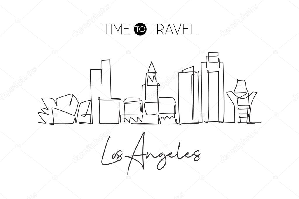 Single continuous line drawing of Los Angeles city skyline, United States. Famous city landscape. World travel concept home wall decor poster print art. Modern one line draw design vector illustration