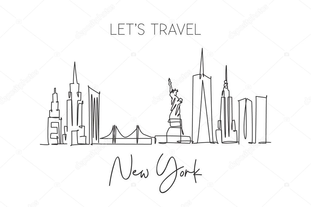 One single line drawing New York city skyline United States. Historical town landscape in world. Best holiday destination poster. Editable stroke trendy continuous line draw design vector illustration