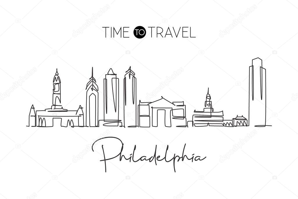 One single line drawing of Philadelphia city skyline, USA. Historical town landscape. Best holiday destination home art wall decor poster print. Trendy continuous line draw design vector illustration