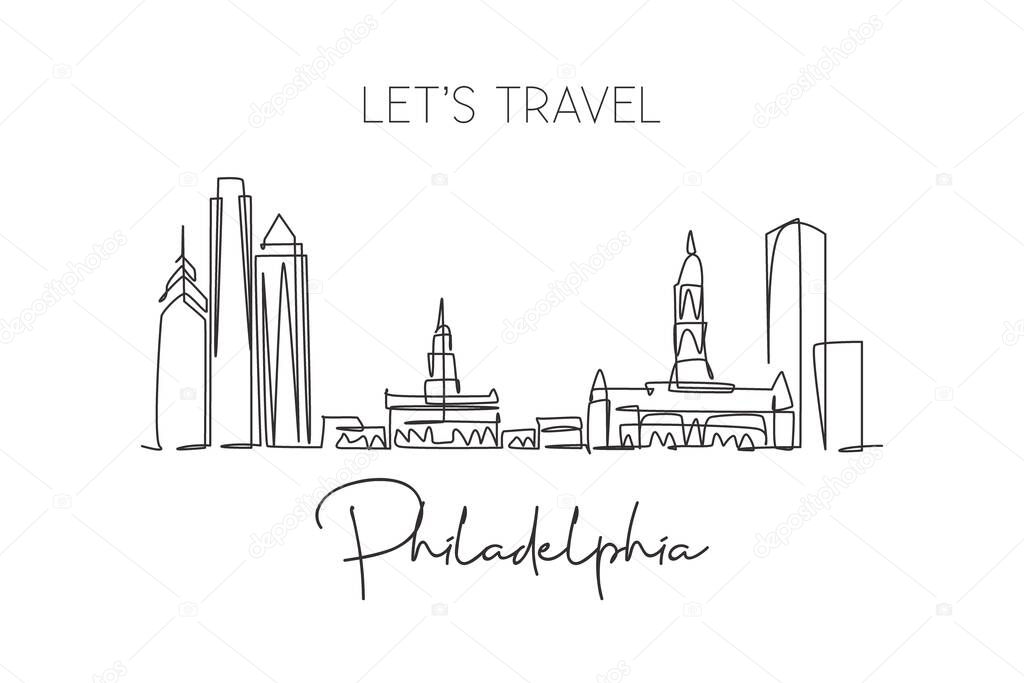 Single continuous line drawing of Philadelphia city skyline, United States of America. Famous landscape. World travel poster print art. Editable stroke modern one line draw design vector illustration