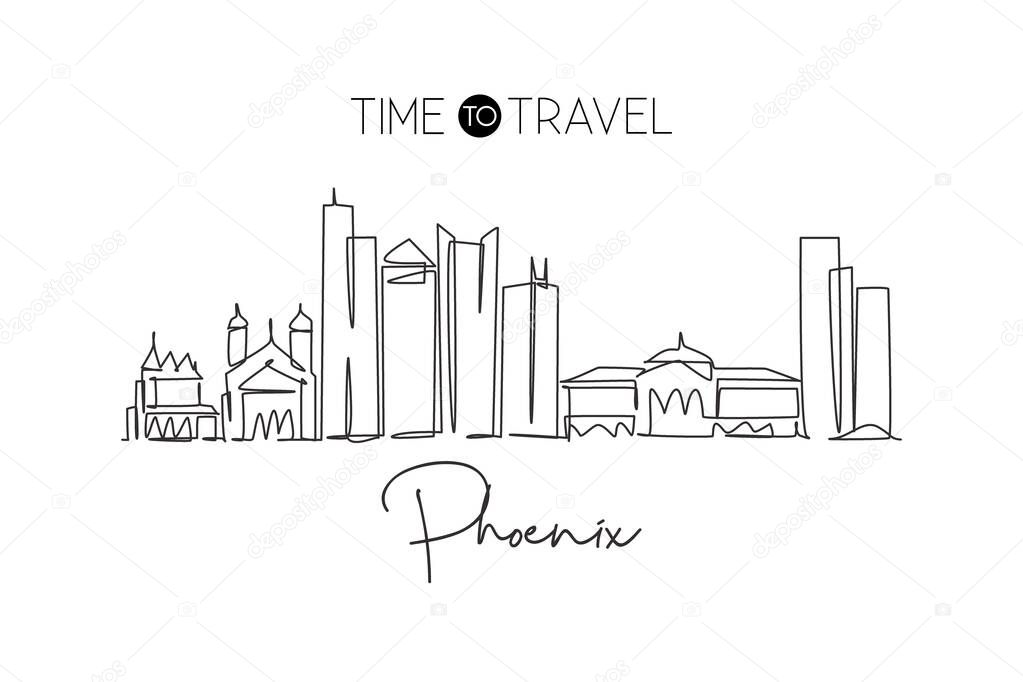 Single continuous line drawing of Phoenix city skyline, USA. Famous city scraper and landscape. World travel concept home decor wall art poster print. Modern one line draw design vector illustration