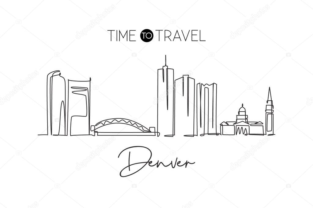 One single line drawing of Denver city skyline, United States. Historical town landscape in the world. Best holiday destination. Editable stroke trendy continuous line draw design vector illustration