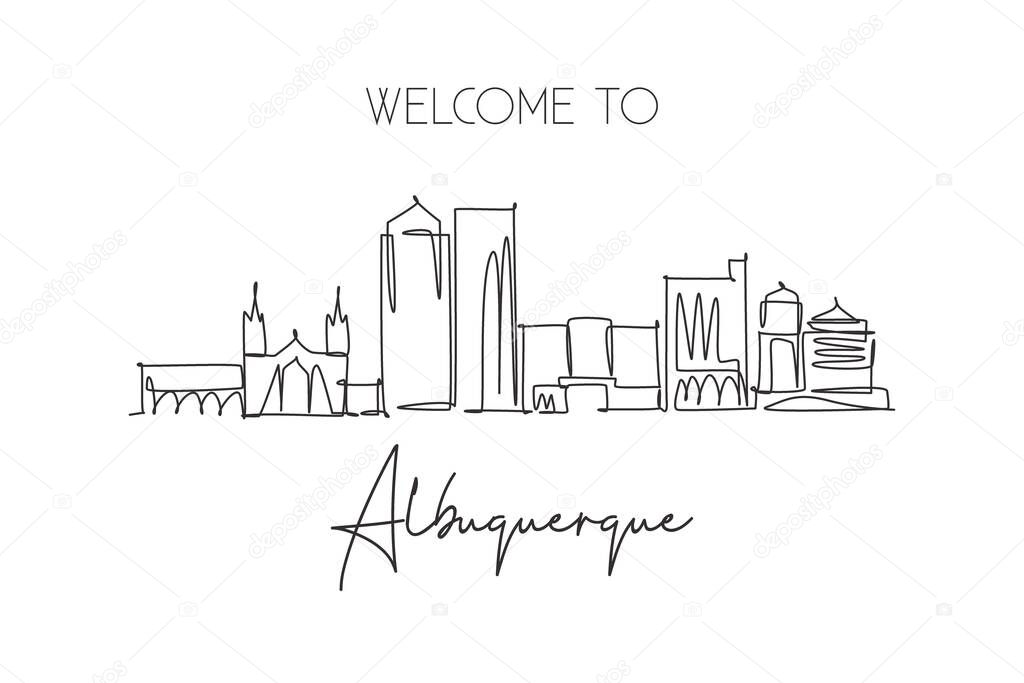 Single continuous line drawing of Albuquerque city skyline, New Mexico. Famous city landscape. World travel concept home wall decor poster print art. Modern one line draw design vector illustration