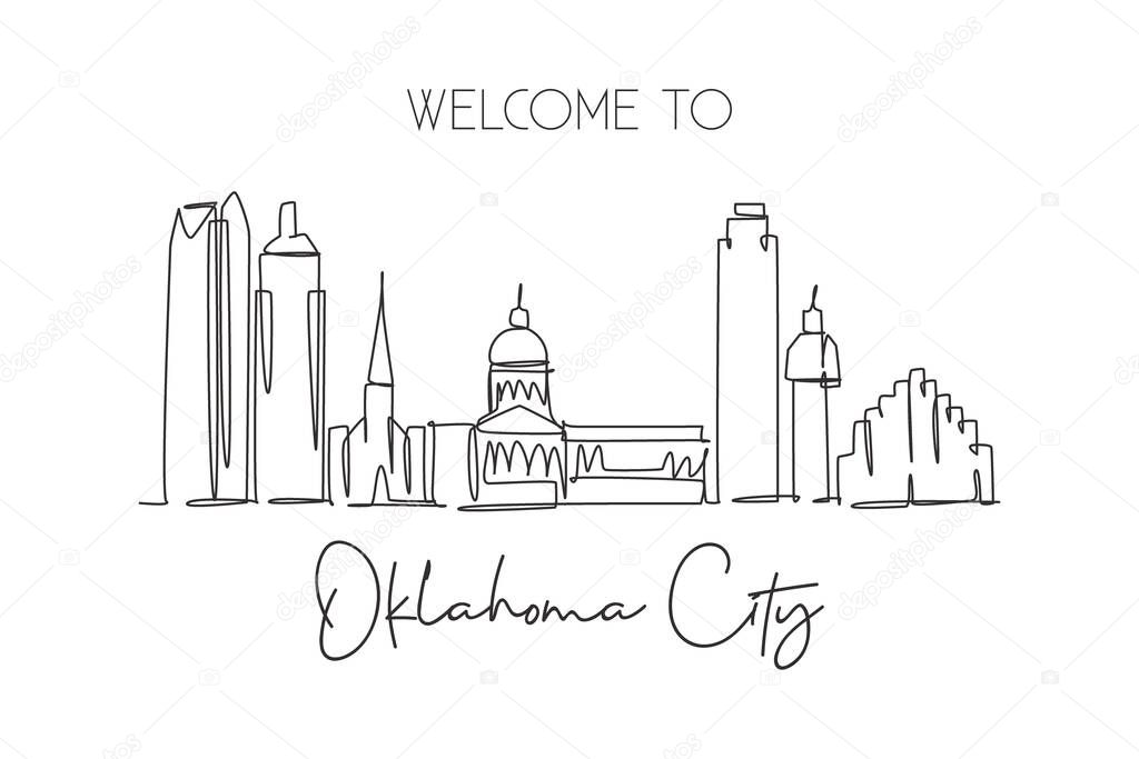 One continuous line drawing Oklahoma city skyline, United States. Beautiful landmark. World landscape tourism travel poster print. Editable stylish stroke single line draw design vector illustration