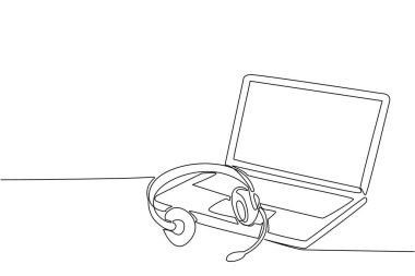 Tek sıra halinde, mikrofonlu kulaklıkları açık bir dizüstü bilgisayarın üstüne yerleştirin. Çok yoğun bir günde mola zamanı. Güncel teknoloji. Uluslararası Müşteri Destek Günü. Devamlı çizgi tasarımı grafik çizimi