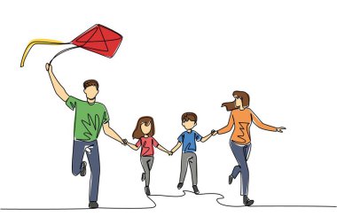 Tek sıra halinde ön tarafa bakıyor, mutlu bir aile açık havada uçurtma oynuyor. Hoş bir gün batımı. Cihazlar olmadan. Tatilde. Uluslararası Aile Günü. Bir çizgi tasarımı vektör illüstrasyonu