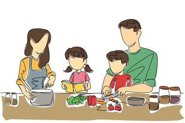 Tek sıra halinde mutfaktaki mutlu aile yemeklerini çiziyor. Eğlenceli aktiviteler bağımsızlığı öğretir. Harika bir tatil. Hafta sonu. Uluslararası Aile Günü. Devamlı çizgi tasarımı grafik çizimi