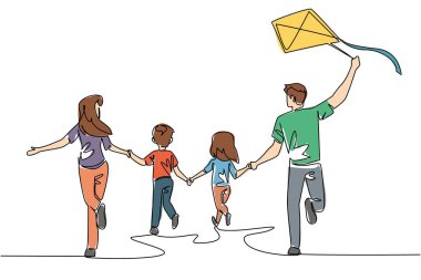 Arkaya bakan bir çizgi, açık havada uçurtma oynayan mutlu bir aile. Aletleri unutun, birlikte oynayın. Tatil günü. Hobi olarak. Uluslararası Aile Günü. Tek çizgi çizimi tasarım vektör çizimi