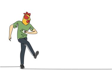 Tişört giyen, tavuk kafası maskesi takan bir adamın sürekli çizdiği tek sıra dans ediyor. Ritme ayak uydur. Mutluluk. Hobi olarak. Tavuk gibi dans et. Bir çizgi tasarımı vektör illüstrasyonu
