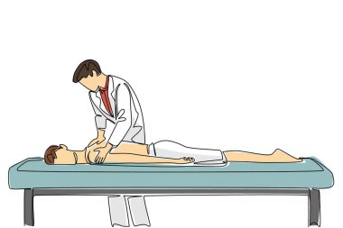 Hasta yatağında uyuyan erkek hastaya masaj yapan tek sıra erkek fizyoterapist. Omurga tedavisi. Omurilik yaralanması farkındalık günü. Bir çizgi tasarımı vektör illüstrasyonu