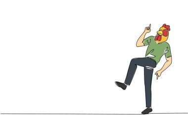 Tişört giyen, tavuk kafası maskesi takan bir adamın sürekli çizdiği tek sıra dans ediyor. Serbest stil dansı. İfade özgürlüğü. Tavuk gibi dans et. Bir çizgi tasarımı vektör illüstrasyonu