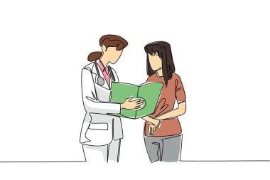 Steteskop takan tek sıra halinde doktor, kadın hastaya tıbbi kayıtlarını gösteriyor. Sağlığı açıklıyordu. Sınav. Ulusal Kadın Muayenesi Günü. Bir çizgi tasarımı vektör illüstrasyonu
