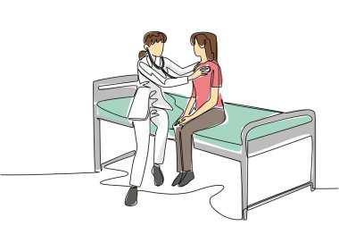 Stetoskop kullanan bir hastanın göğsünü sürekli çizen tek bir doktor var. Kalp ritmini kontrol ediyorum. Tıbbi tedavi. Ulusal Kadın Muayenesi Günü. Bir çizgi tasarımı vektör illüstrasyonu