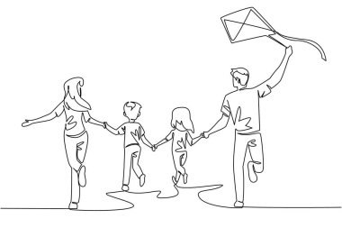 Arkaya bakan bir çizgi, açık havada uçurtma oynayan mutlu bir aile. Aletleri unutun, birlikte oynayın. Tatil günü. Hobi olarak. Uluslararası Aile Günü. Tek çizgi çizimi tasarım vektör çizimi