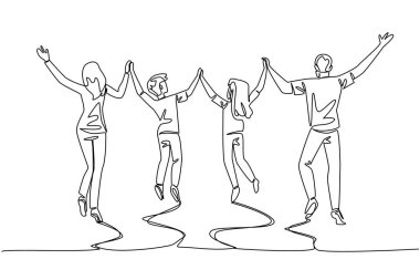 Tek sıra geri görüş, mutlu aile sıçrayışları el ele tutuşurken. Sevgili ailenle egzersiz yap. Sağlığa. Uluslararası Aile Günü. Bir çizgi tasarımı vektör illüstrasyonu