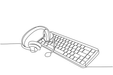 Klavyenin üstünde mikrofon olan tek sıra halinde kulaklıklar. Yardım masası görevlisi olarak. Merkezi ara. Yardım hattı. Uluslararası Müşteri Destek Günü. Bir çizgi tasarımı vektör illüstrasyonu