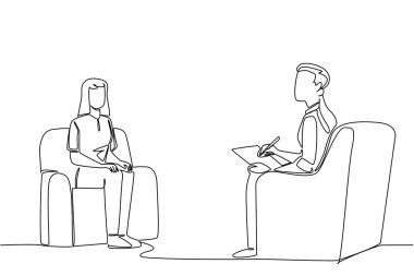 Tek çizgi çizen adam elinde panoyla kanepede oturuyor. Psikolojik tedavi. Terapi. Ulusal Akıl Sağlığı Sağlama Günü. Devamlı çizgi tasarımı grafik çizimi