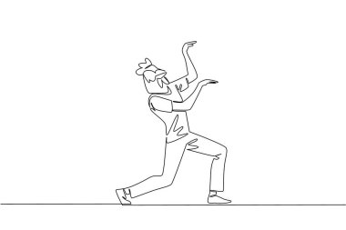 Tişört giyen, tavuk kafası maskesi takan bir adamın dans ettiğini gösteren bir çizgi. Çok düzensiz şekillendirilmiş. Özgürlük için. Tavuk gibi dans et. Tek çizgi çizimi tasarım vektör çizimi