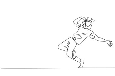 Tişört giyen, tavuk kafası maskesi takan bir adamın sürekli çizdiği tek sıra dans ediyor. Mutluluğu özgürlükle kutluyoruz. Tavuk gibi dans et. Bir çizgi tasarımı vektör illüstrasyonu