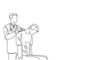 Steteskop takan ve erkek hastanın omurgasını tutan doktor çizimleri devam ediyor. Omurga cerrahı. Tedavi için. Klinikte. Omurilik yaralanması farkındalık günü. Tek çizgi çizimi tasarım vektör çizimi