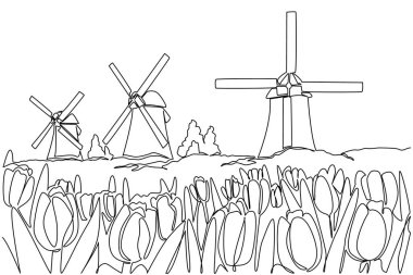 Tek sıra halinde yel değirmenleriyle lale bahçesi çiziyor. Büyük lale çiçeklerini sulamak için otomatik sulama. Teknoloji. Ulusal Yel Değirmeni Günü. Bir çizgi tasarımı vektör illüstrasyonu