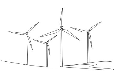 Tek sıra halinde çayırda yel değirmenleri çiziyor. Değirmen makinesini sür. İnsanlara yardım eden teknoloji. Kırsal kesime bak. Ulusal Yel Değirmeni Günü. Devamlı çizgi tasarımı grafik çizimi
