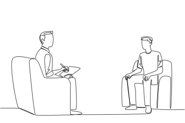 Devamlı tek sıra halinde kanepede elinde not panosuyla oturan adamı çiziyor. Kütük problemi. Çözüm arıyorum. Ulusal Akıl Sağlığı Sağlama Günü. Tek çizgi çizimi tasarım vektör çizimi