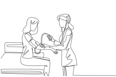 Doktoru çeken tek bir çizgi hastanın tansiyonunu ölçer. İlk muayene. İlaçlar. Ulusal Kadın Muayenesi Günü. Devamlı çizgi tasarımı grafik çizimi
